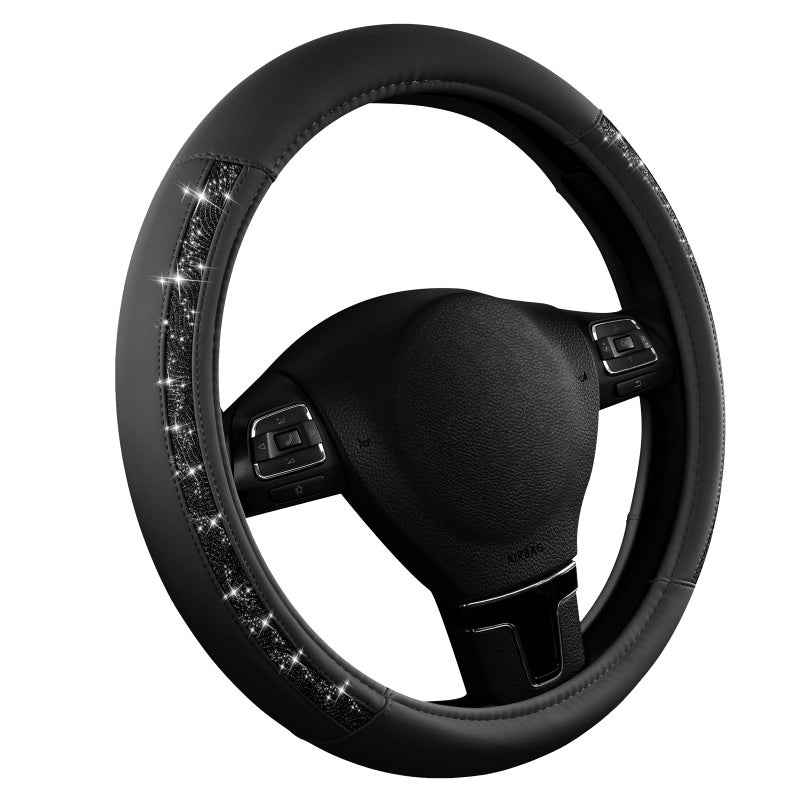 Road Comforts Steering Wheel Cover, Glitter Bling Leather Wheel Cover, Universal Fit 14.5"-15.5" Steering Wheels for Women & Girls, Anti-Slip Car Wheel Protector for Cars, Trucks, Vans, SUVs-Black - Image 2