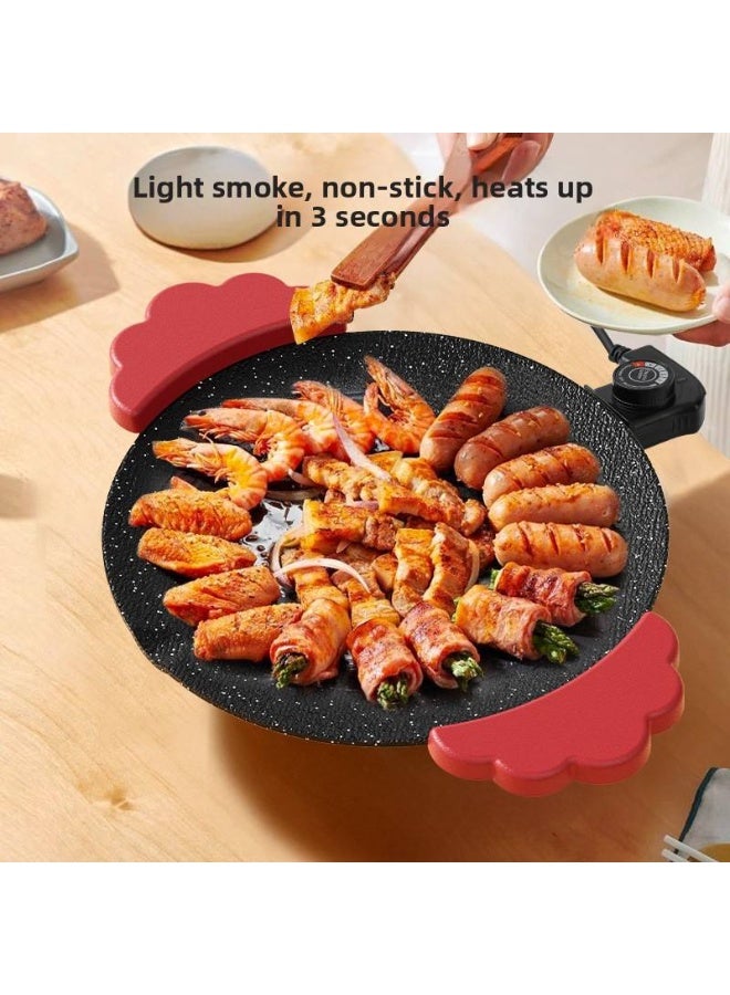 Multifunctional Electric Baking Tray Pan With Maifan Stone Non-Stick Coating,Portable Indoor Tabletop Cooking Hot Pot Frying pan,Red-Black handle - Image 4