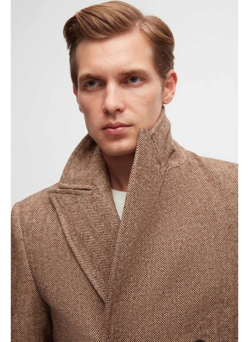 D'S DAMAT Regular Fit Brown Herringbone Double Breasted Coat 3HF0832200151