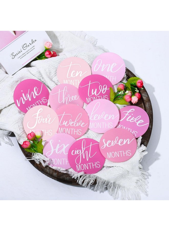 Whaline 12Pcs Baby Monthly Milestone Cards Pink Cursive Script Acrylic Marker Discs Rustic Baby Month Announcement Sign for Baby Pregnancy Growth Photo Prop, 3.9 x 3.9 Inch - Image 3