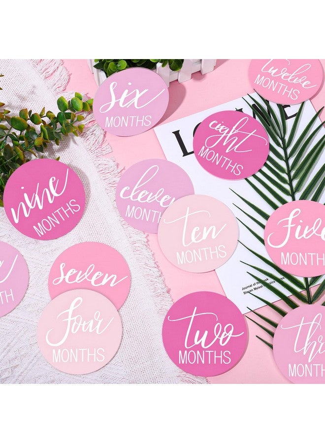 Whaline 12Pcs Baby Monthly Milestone Cards Pink Cursive Script Acrylic Marker Discs Rustic Baby Month Announcement Sign for Baby Pregnancy Growth Photo Prop, 3.9 x 3.9 Inch - Image 1