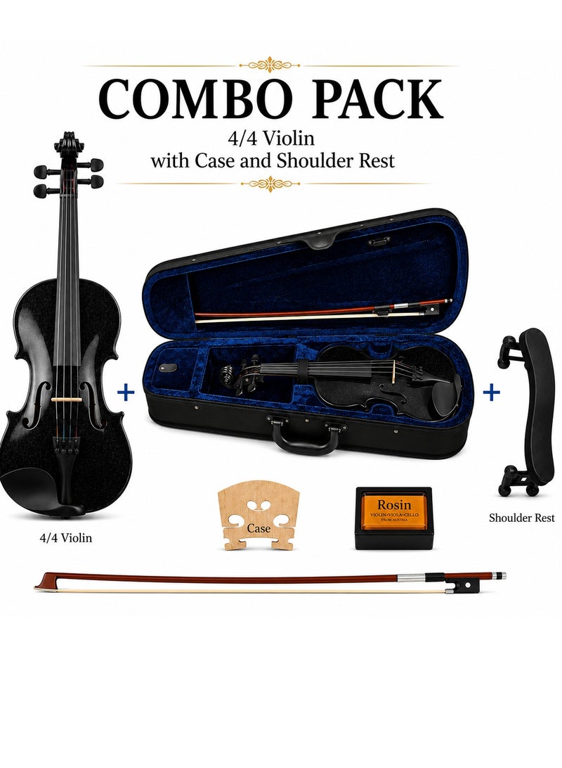 4/4 Violin Complete Starter Kit – Full Size Black Acoustic Violin with Hard Carry Case, Shoulder Rest, Bow & Rosin | Beginner to Intermediate Student Violin for Adults & Teens
