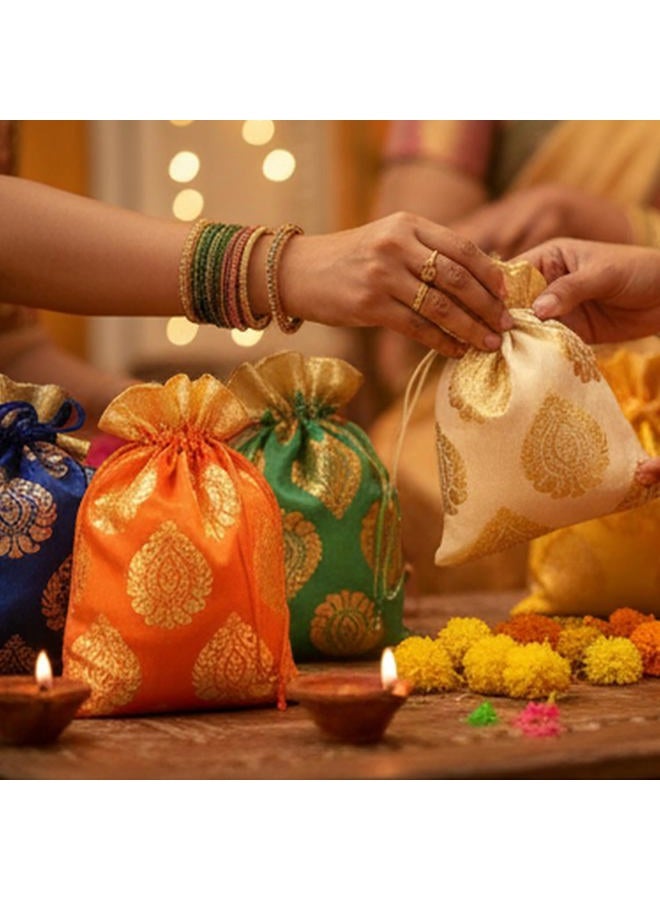 Touchstone Gorgeous Indian Traditional Large Drawstring Bags Pouches Potli For Gift Wedding Jewelry Packaging Bridal Party Favors Assorted Colors Set Of 9 For Women. - Image 3