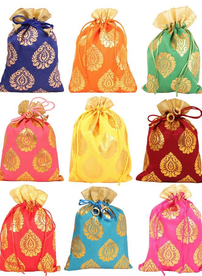 Touchstone Gorgeous Indian Traditional Large Drawstring Bags Pouches Potli For Gift Wedding Jewelry Packaging Bridal Party Favors Assorted Colors Set Of 9 For Women. - Image 1