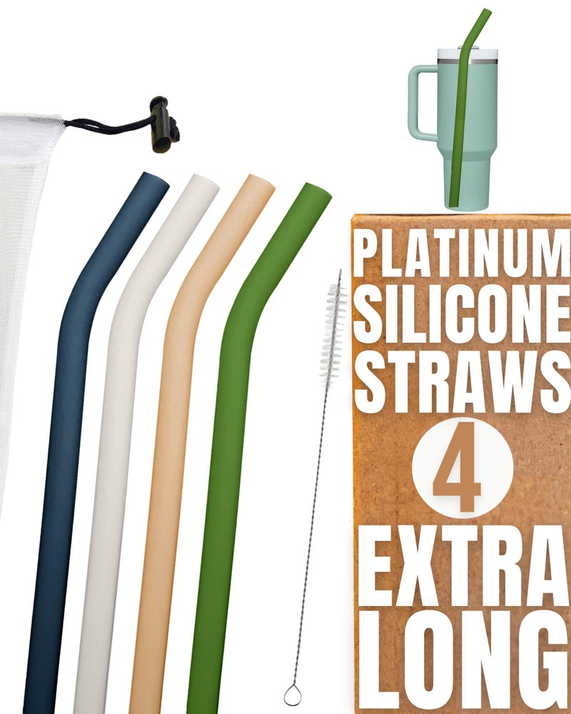 purifyou purifyou Extra Long 145 Reusable Silicone Straws with Flexible Tips Cleaning Brush  Portable Case  Fits with 40oz Stanley Cups Tumblers  More Set of 4 