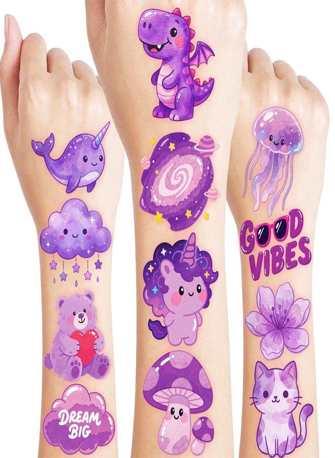 91TATTOOS 96 PCS Cute Purple Temporary Tattoos for Kids Girls - Image 1