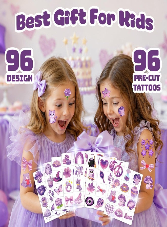 91TATTOOS 96 PCS Cute Purple Temporary Tattoos for Kids Girls - Image 4