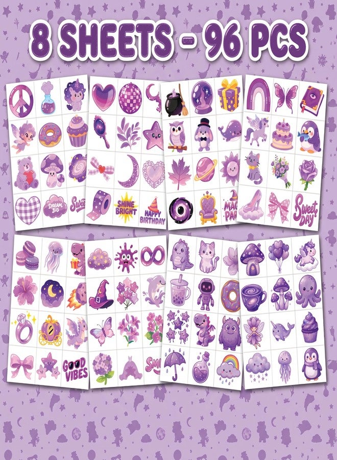 91TATTOOS 96 PCS Cute Purple Temporary Tattoos for Kids Girls - Image 3