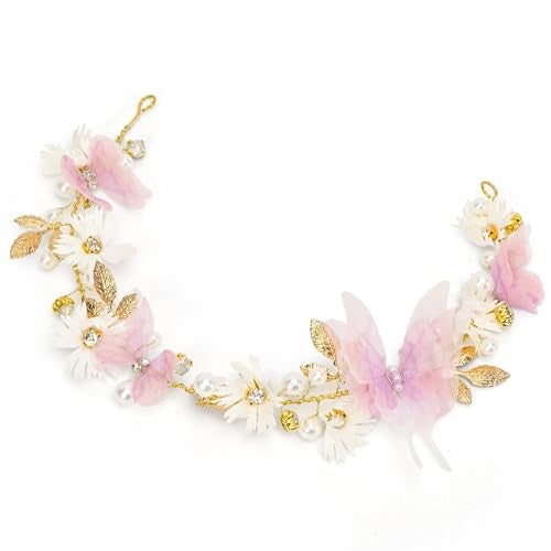 Vividsun Butterfly Headbands Flower Girl Hair Accessory with Pearls Butterfly Tiara for Christmas Birthday Cosplay Headpiece (Pink and gold) - Image 1