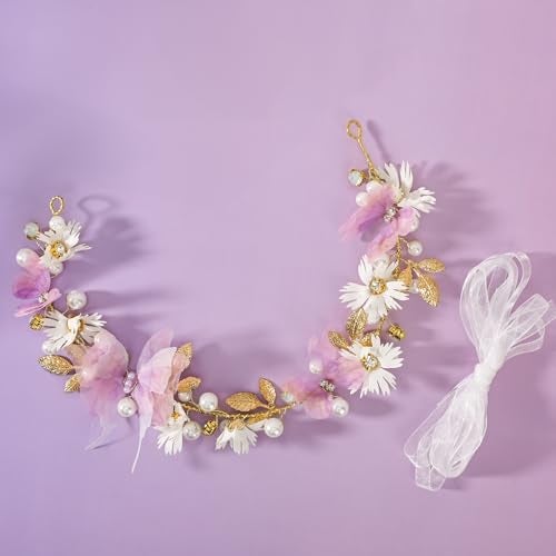 Vividsun Butterfly Headbands Flower Girl Hair Accessory with Pearls Butterfly Tiara for Christmas Birthday Cosplay Headpiece (Pink and gold) - Image 4