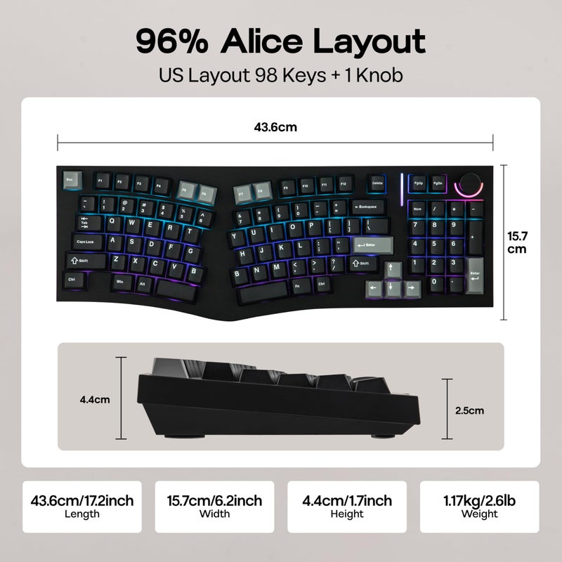 MechLands Feker Alice98 Ergonomic 98 Keys Custom Mechanical Keyboard, VIA Programmable, USB-C Wired Gaming Keyboard, Hot Swappable, 5 Layer Paddings, Control Knob, NKRO, RGB for Win/Mac (Black) - Image 4
