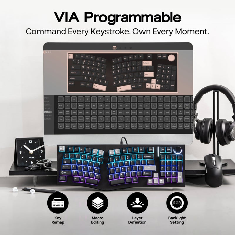 MechLands Feker Alice98 Ergonomic 98 Keys Custom Mechanical Keyboard, VIA Programmable, USB-C Wired Gaming Keyboard, Hot Swappable, 5 Layer Paddings, Control Knob, NKRO, RGB for Win/Mac (Black) - Image 5