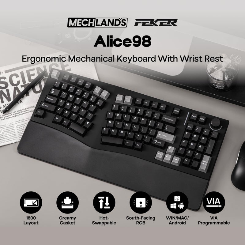 MechLands Feker Alice98 Ergonomic 98 Keys Custom Mechanical Keyboard, VIA Programmable, USB-C Wired Gaming Keyboard, Hot Swappable, 5 Layer Paddings, Control Knob, NKRO, RGB for Win/Mac (Black) - Image 2