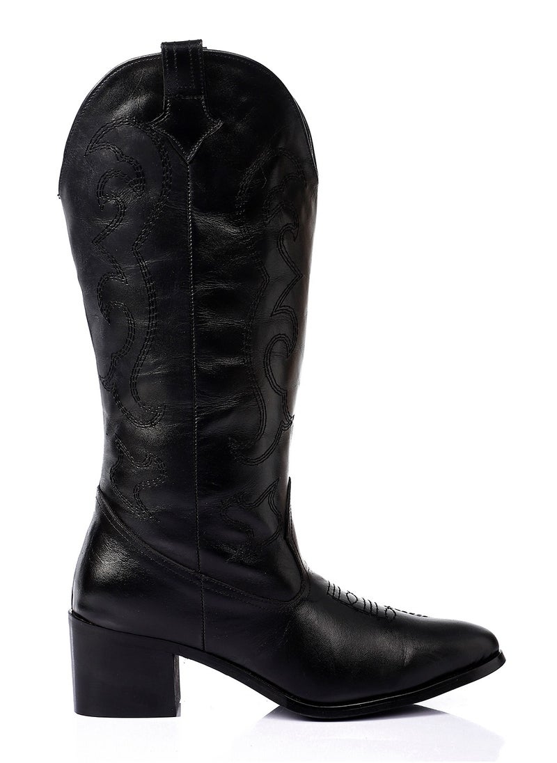Mr.joe Black Mid-Calf Triangular Toecap Cowboy Boots  - Image 1