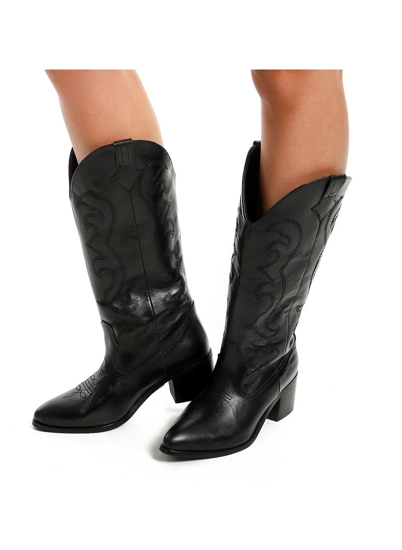 Mr.joe Black Mid-Calf Triangular Toecap Cowboy Boots  - Image 5