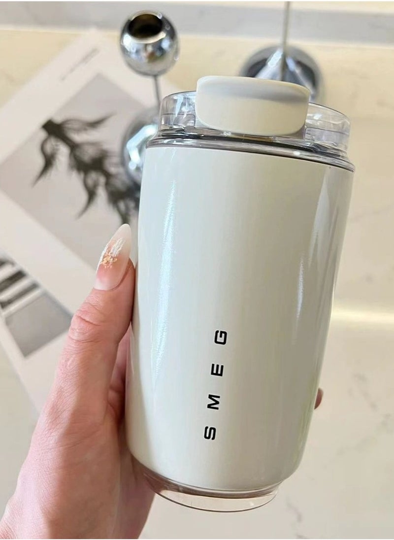 smeg Travel Coffee Mug, 320ml Insulated Beverage Cup With Leakproof Lid, Long Lasting Coffee Tumbler With Lid And Straw, Travel Coffee Thermos White  - Image 1