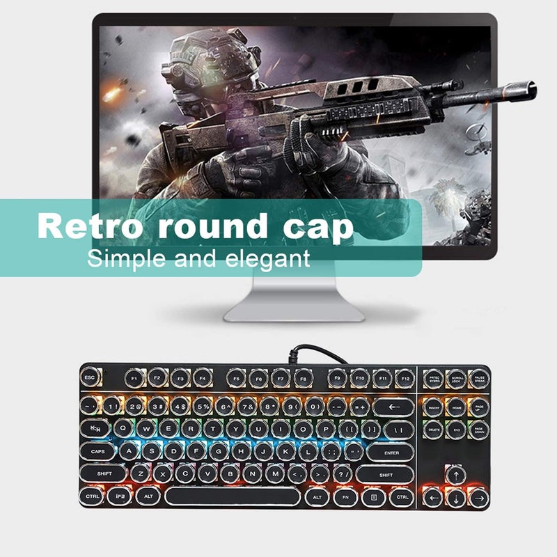 Mechanical Gaming Keyboard, Retro Punk Typewriter Style USB Wired with Round Keycaps, RGB Backlit for Laptop - Image 3