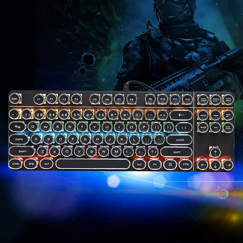 Mechanical Gaming Keyboard, Retro Punk Typewriter Style USB Wired with Round Keycaps, RGB Backlit for Laptop - Image 2