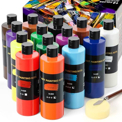 Color More طقم طلاء أكريليك كبير بـ 14 لون (500 مل/16.9 أونصة زجاجات كبيرة جداً)، غير سامة للأطفال والبالغين، طلاء أكريليك بكميات كبيرة على الخشب، الزجاج، السيراميك، مستلزمات الرسم الفني مع سكين الباليتة. - Image 1