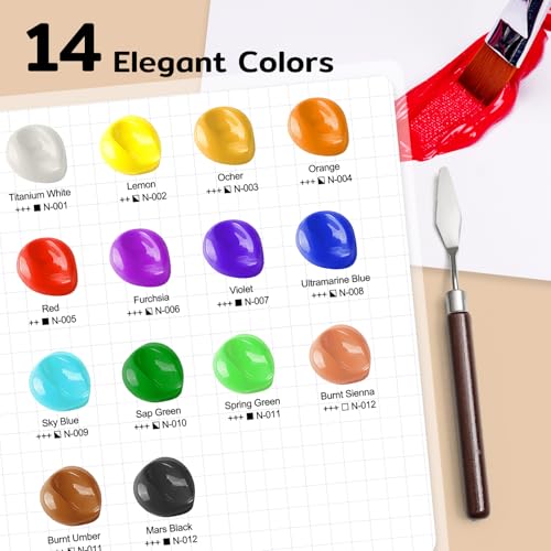 Color More طقم طلاء أكريليك كبير بـ 14 لون (500 مل/16.9 أونصة زجاجات كبيرة جداً)، غير سامة للأطفال والبالغين، طلاء أكريليك بكميات كبيرة على الخشب، الزجاج، السيراميك، مستلزمات الرسم الفني مع سكين الباليتة. - Image 5