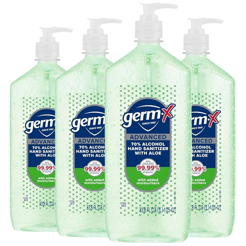 Germx Advanced Hand Sanitizer with Aloe and Vitamin E, 1 Liter (Pack of 4), Less Drying Moisturizing Gel, No Rinse Formula, Pump Bottle - Image 1