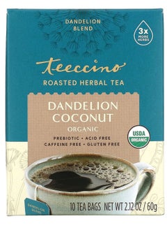 teeccino Organic Roasted Herbal Tea Dandelion Coconut Caffeine Free 10 Tea Bags 2.12 oz 60 g 