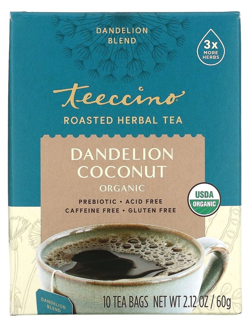 teeccino Organic Roasted Herbal Tea Dandelion Coconut Caffeine Free 10 Tea Bags 2.12 oz 60 g 
