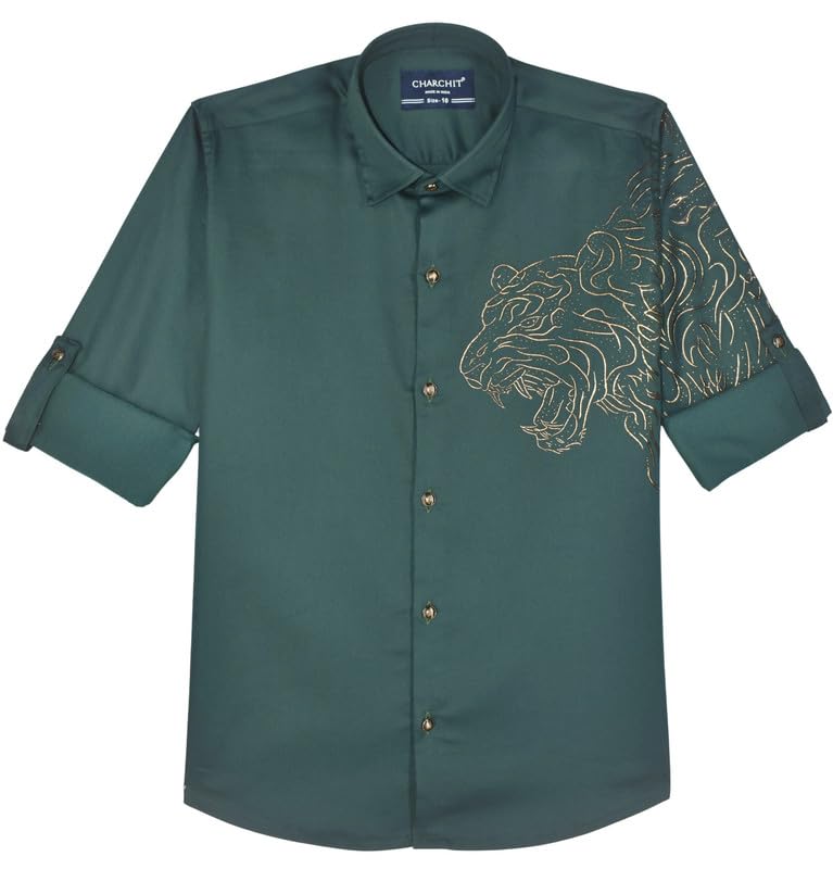 CHARCHIT Boys Regular Fit Printed Full Sleeve Shirt in Rama Green - Image 3