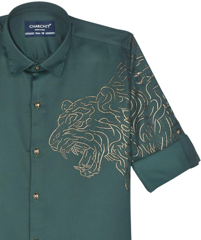 CHARCHIT Boys Regular Fit Printed Full Sleeve Shirt in Rama Green - Image 4
