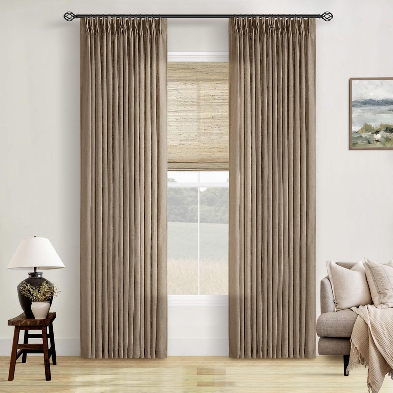 TWODRAPES Pinch Pleated Neutral Linen Curtains 2 Panels Set Living Room Dining Pinch Pleat Back Tab Light Filtering Farmhouse Boho Retro Window Curtain Drapes 84 Inch Length Latte Tan Brown - Image 1