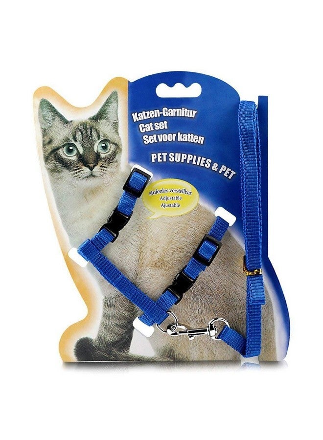 طقم حزام مقود للقطط - حزام مقود من النايلون قابل للتعديل مع مجموعة حزام للمشي مع الحيوانات الأليفة الصغيرة - سادة (أزرق) - Image 1