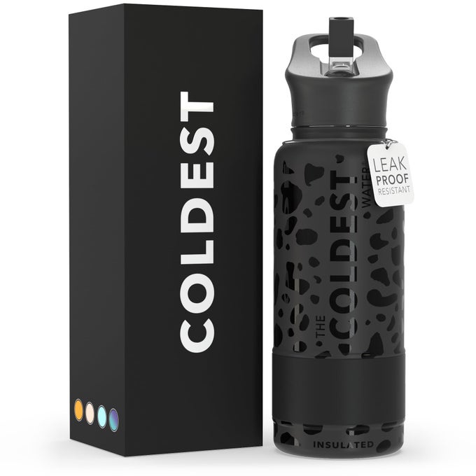 COLDEST INSULATED WATER BOTTLE WITH STRAW LID STAINLESS STEEL METAL INSULATED BOTTLE FOR MEN WOMEN BLACK LEOPARD 32 OZ