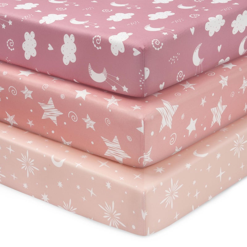FIEMOL Baby Crib Sheets Girl, 3 Pack Toddler Bed Sheets Fit for 52â€x28â€ Standard Crib and Toddler Mattresses, Super Soft Microfiber Pink Stars - Image 1