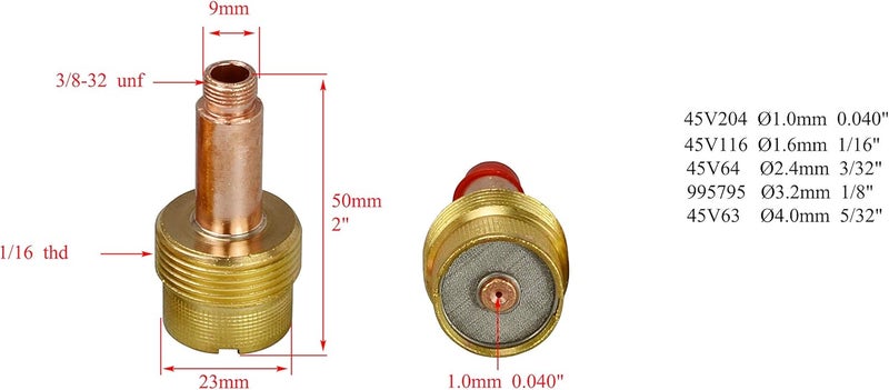 RIVERWELD رؤوس كوليت عدسة الغاز TIG بقطر كبير 45V204 .040" و 1.0mm فتحة لفرن اللحام QQ300 PTA DB SR WP 17 18 26 عبوة من 2 - Image 2