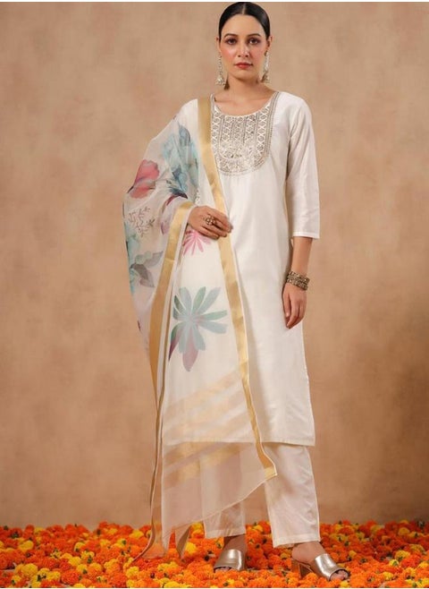 Embroidered Straight Kurta and Trousers with Dupatta Set by Styli