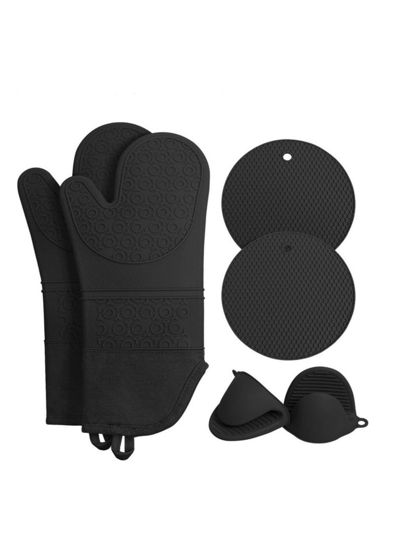 6Pcs Extra Long Oven Mitts and Pot Holders Sets Heat Resistant Silicone Cooking Gloves Hot Pads Potholders (Black)  - Image 1