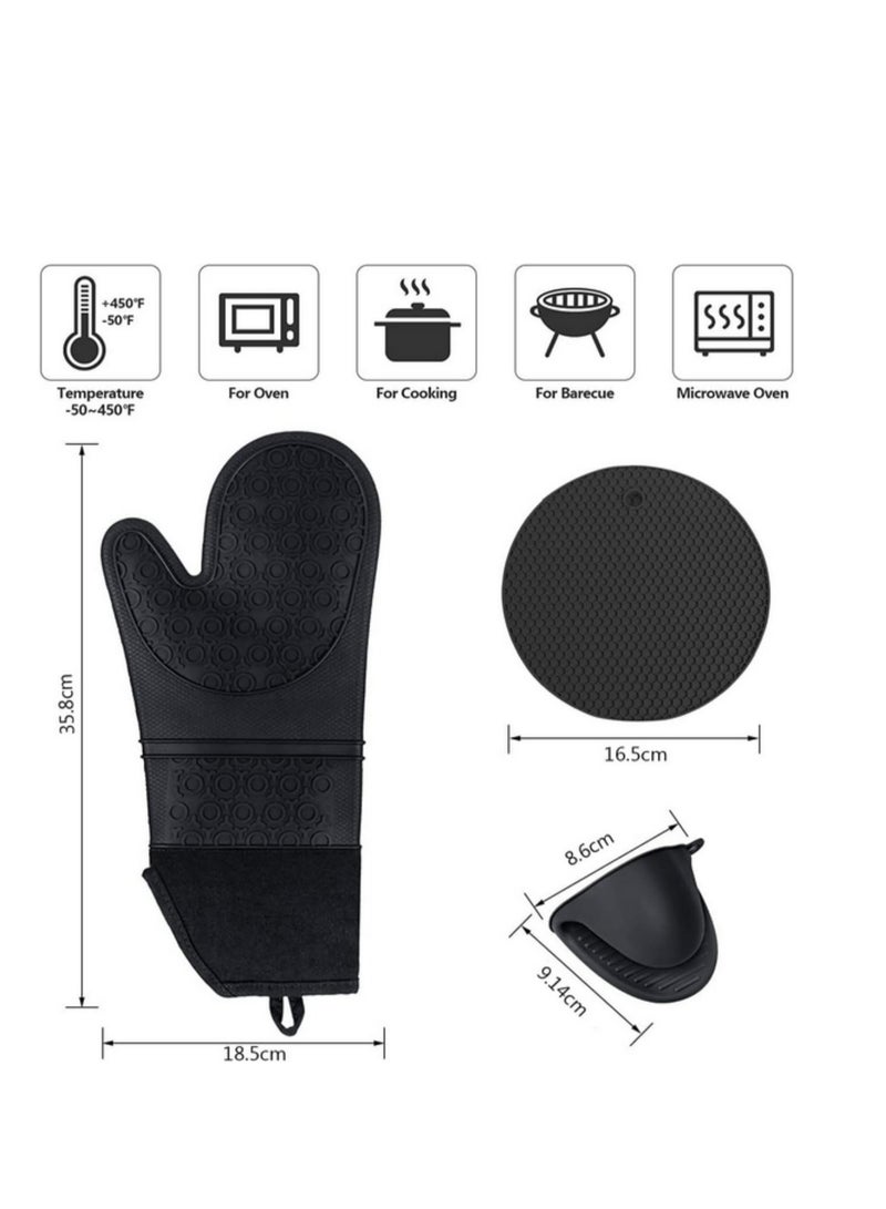 6Pcs Extra Long Oven Mitts and Pot Holders Sets Heat Resistant Silicone Cooking Gloves Hot Pads Potholders (Black)