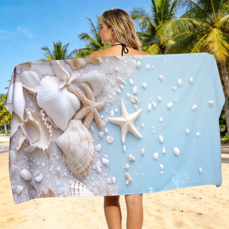 Seashell Starfish Beach Towel 35x75cm Quick Dry Soft Lightweight Absorbent Travel Camping Swimming Surfing Gift - Image 1