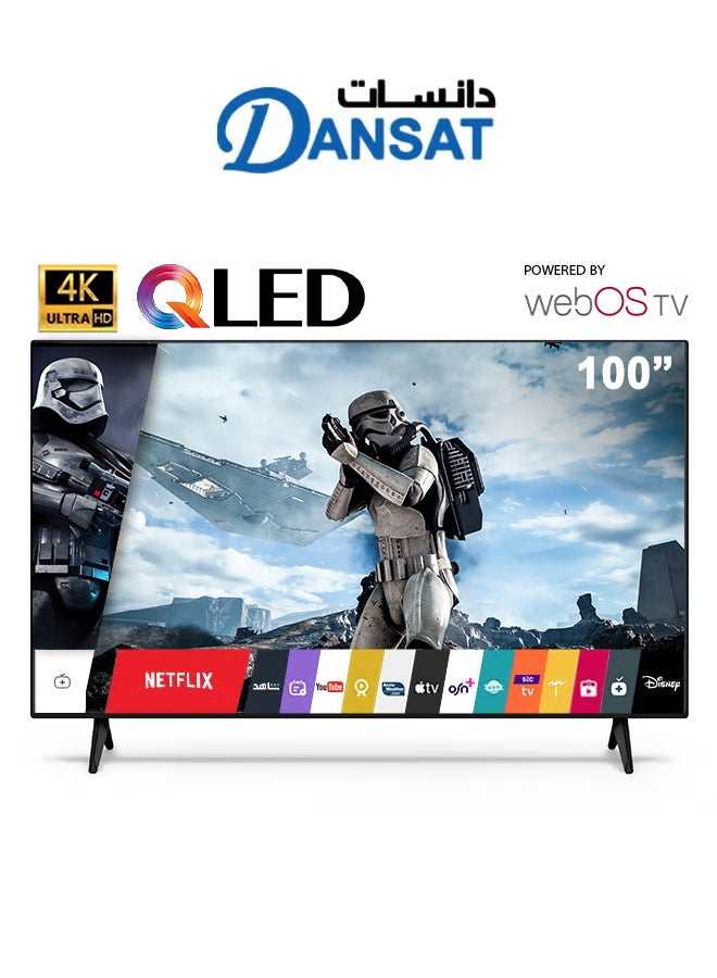 تلفاز ذكي 100" WebOS 4K - QLED مع حامل حائط أسود وجهاز تحكم عن بعد -