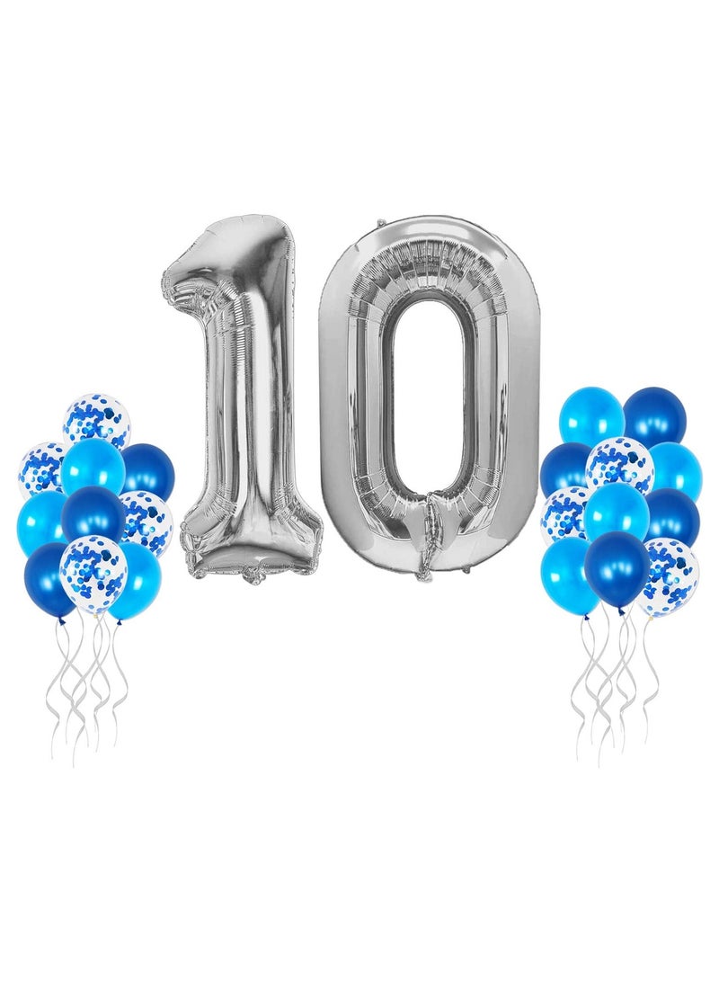 KATCHON Silver Number 10 Balloon with Blue Latex Balloons Pack of 23 for 10th Birthday Decoration - Image 1