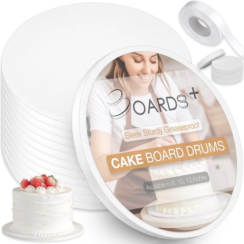 BOARDS Sleek Cake Board Drums 12 Inch 12 Pack  12 Thick Rounds  Free Prop Up Tool  Matching Ribbon  Sturdy Professional Looking  Greaseproof Cake Circles for HeavyTiered Cakes