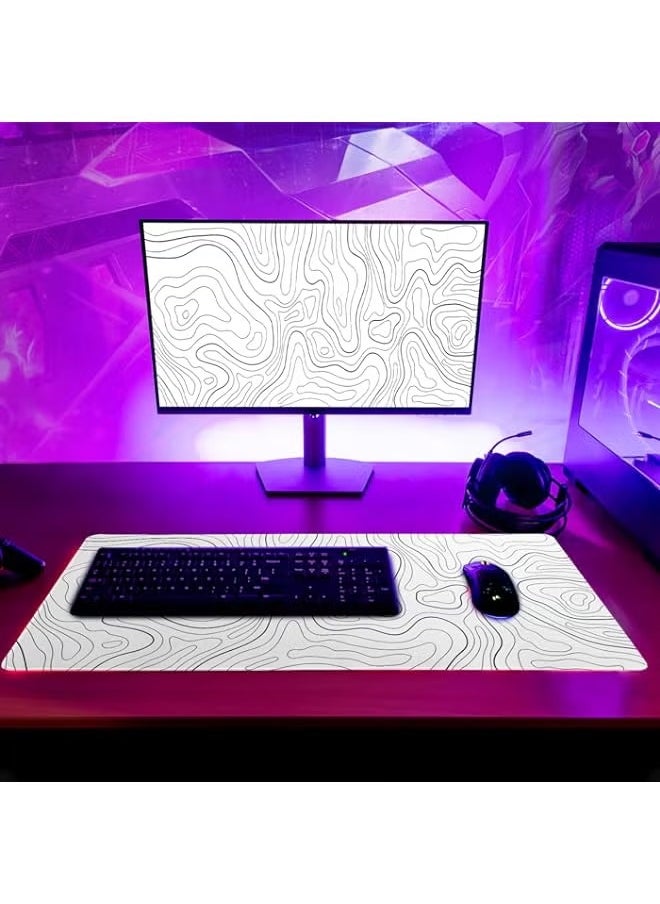 Topographic Contour White Gaming Mouse Pad XL Geographic Map Lines Extended Big Large Desk Mat Non-Slip Rubber Base Stitched Edge Long Keyboard Mousepad for PC Computer Laptop,31.5x11.8 Inch