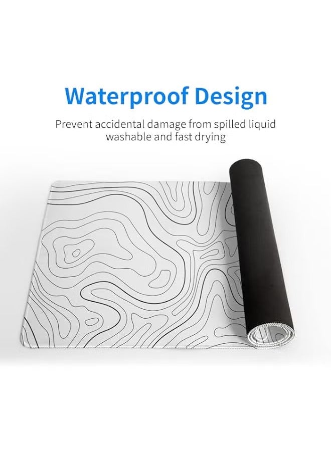 Topographic Contour White Gaming Mouse Pad XL Geographic Map Lines Extended Big Large Desk Mat Non-Slip Rubber Base Stitched Edge Long Keyboard Mousepad for PC Computer Laptop,31.5x11.8 Inch