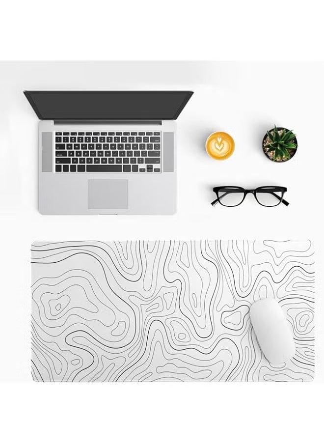 Topographic Contour White Gaming Mouse Pad XL Geographic Map Lines Extended Big Large Desk Mat Non-Slip Rubber Base Stitched Edge Long Keyboard Mousepad for PC Computer Laptop,31.5x11.8 Inch