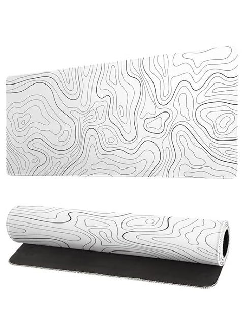 Topographic Contour White Gaming Mouse Pad XL Geographic Map Lines Extended Big Large Desk Mat Non-Slip Rubber Base Stitched Edge Long Keyboard Mousepad for PC Computer Laptop,31.5x11.8 Inch