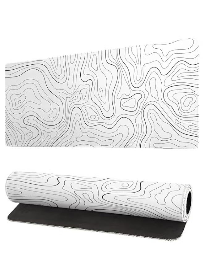 Topographic Contour White Gaming Mouse Pad XL Geographic Map Lines Extended Big Large Desk Mat Non-Slip Rubber Base Stitched Edge Long Keyboard Mousepad for PC Computer Laptop,31.5x11.8 Inch