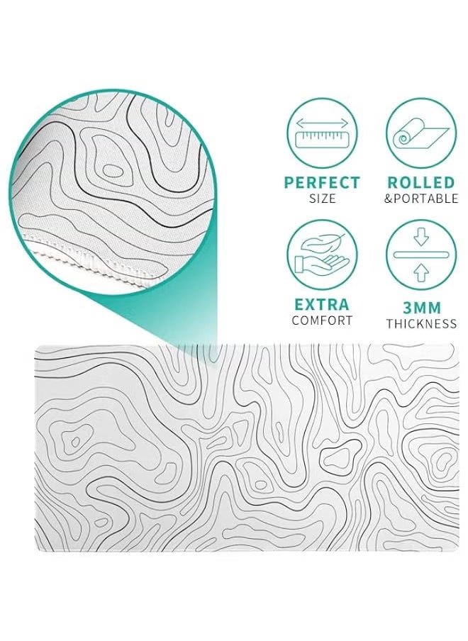 Topographic Contour White Gaming Mouse Pad XL Geographic Map Lines Extended Big Large Desk Mat Non-Slip Rubber Base Stitched Edge Long Keyboard Mousepad for PC Computer Laptop,31.5x11.8 Inch