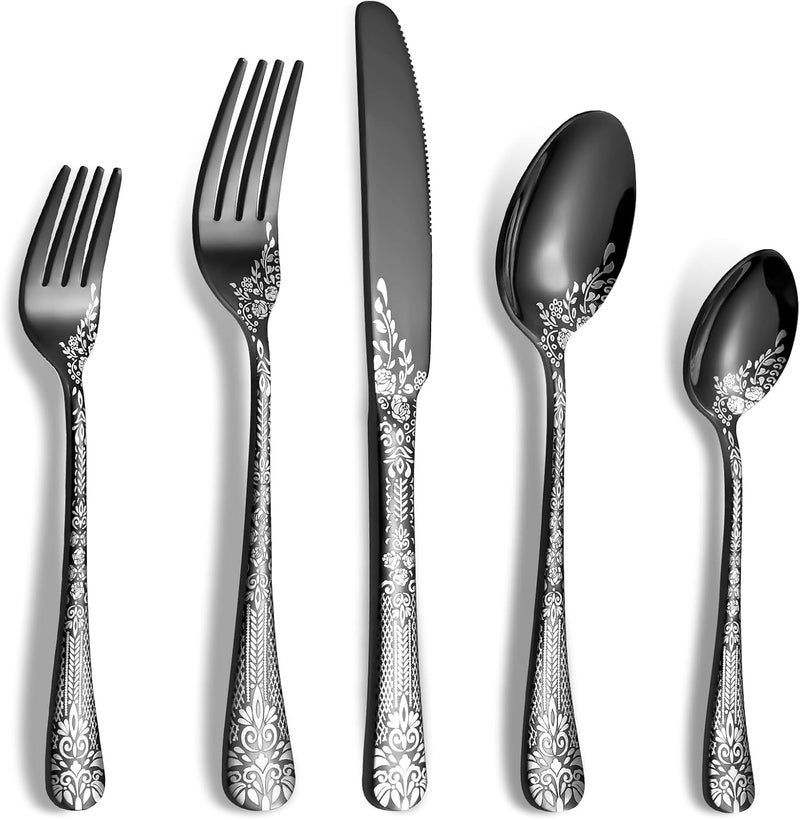 Remoxye 40 Piece Black Silverware Set Stainless Steel Flatware Cutlery Set Service for 8 Mirror Polished Tableware Eating Utensils Set for Home Kitchen Include Knife Fork Spoon Set Dishwasher Safe - Image 1