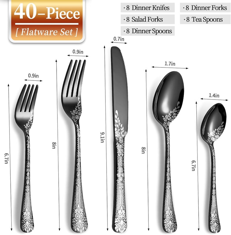 Remoxye 40 Piece Black Silverware Set Stainless Steel Flatware Cutlery Set Service for 8 Mirror Polished Tableware Eating Utensils Set for Home Kitchen Include Knife Fork Spoon Set Dishwasher Safe - Image 2