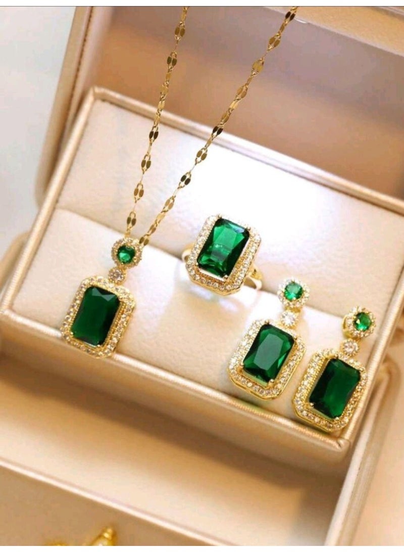 Shein 4pcs/Set Cubic Zirconia Rhinestone Square Stud Earrings, Necklace, Earrings & Ring Set - Image 1